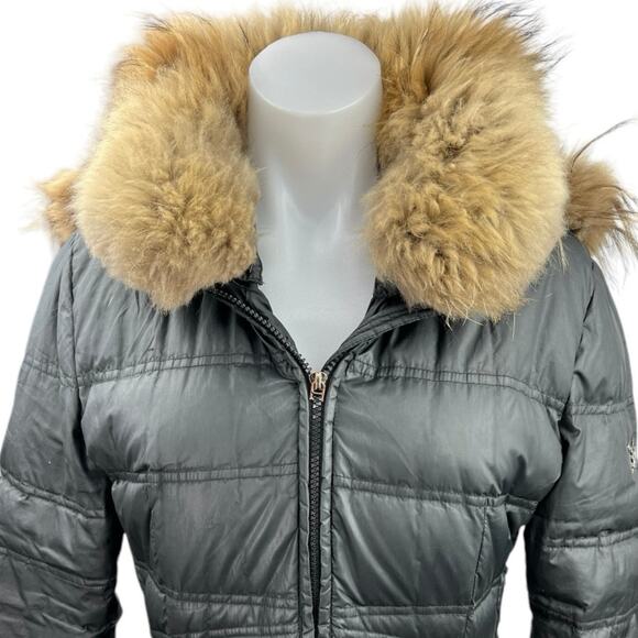 Dawn Levy Womens Black Zip Up Hooded Fur Collar Goose Down Puffer Coat Jacket M - Picture 4 of 7